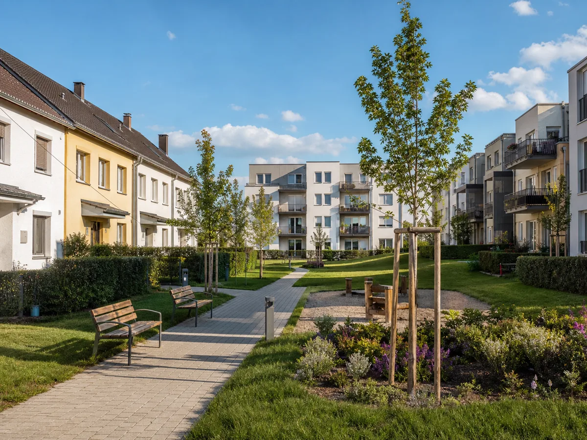 Österreichisches Wohnquartier mit Wohnungen, Reihenhäusern und gemeinsamer Grünfläche