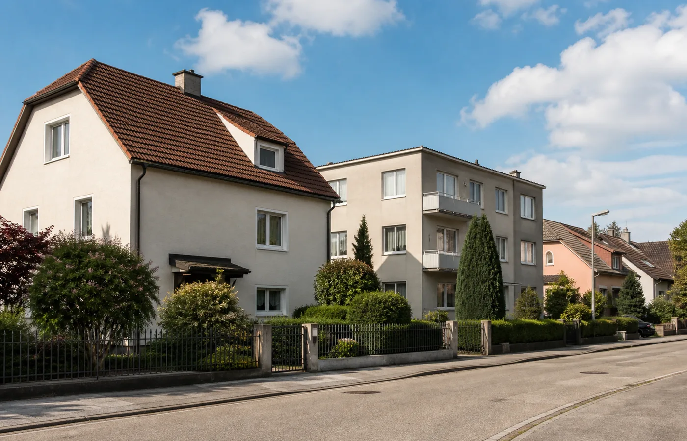 Wohnstraße in Österreich mit Häusern, Wohnungen und begrüntem Umfeld